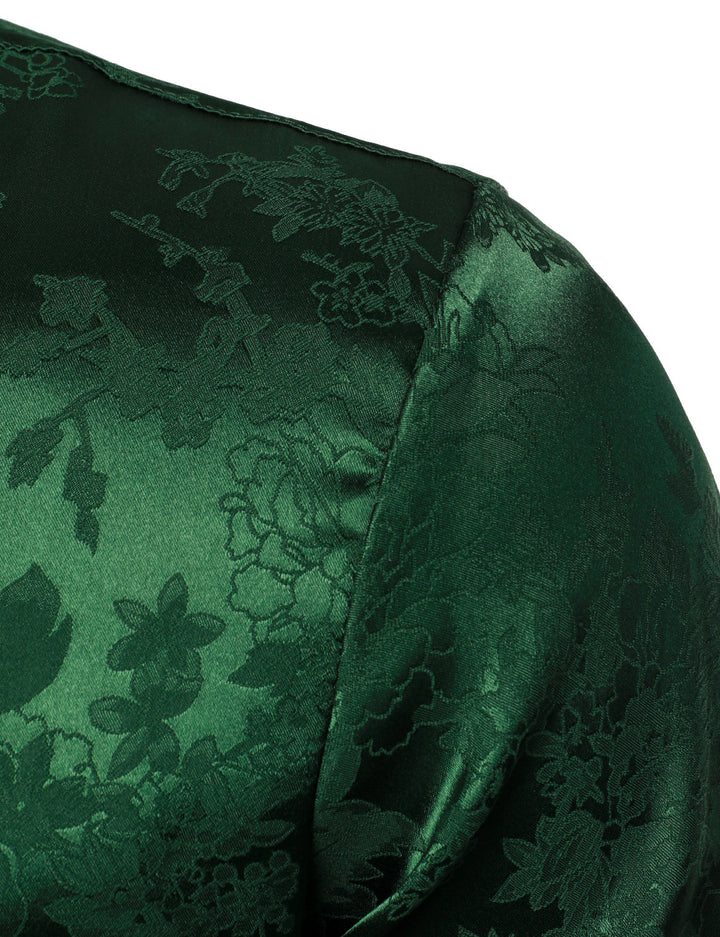 Chemise boutonnée à manches longues en satin brillant et jacquard floral pour homme