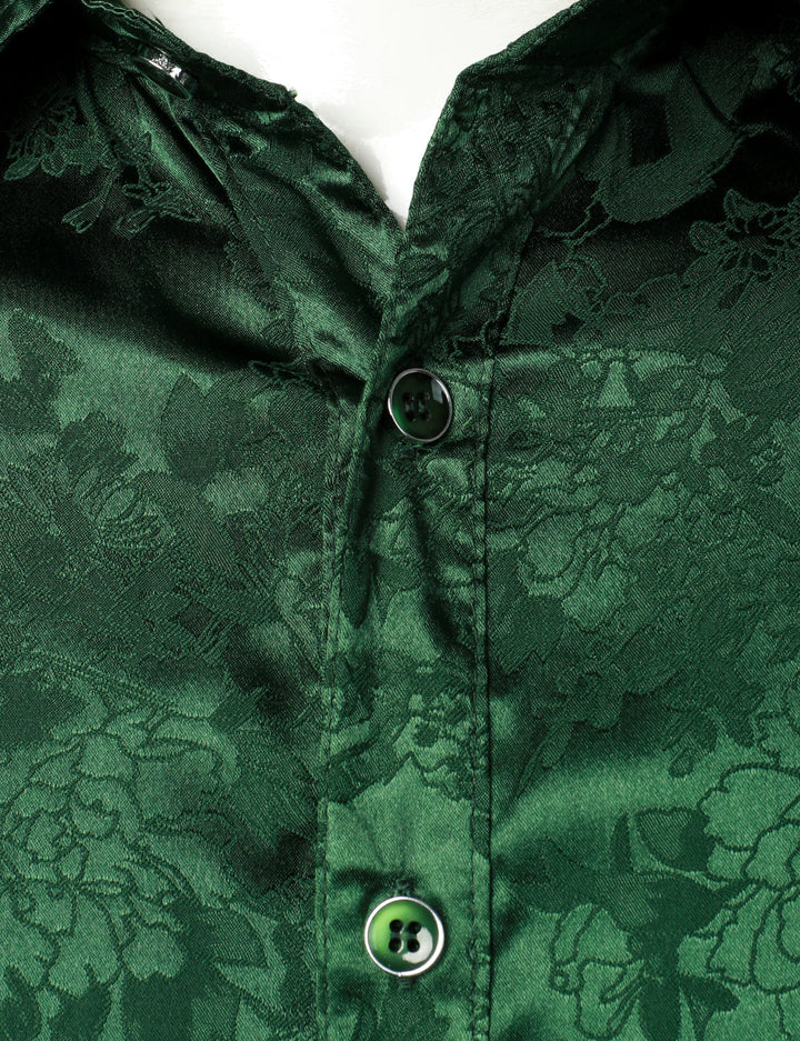 Chemise boutonnée à manches longues en satin brillant et jacquard floral pour homme