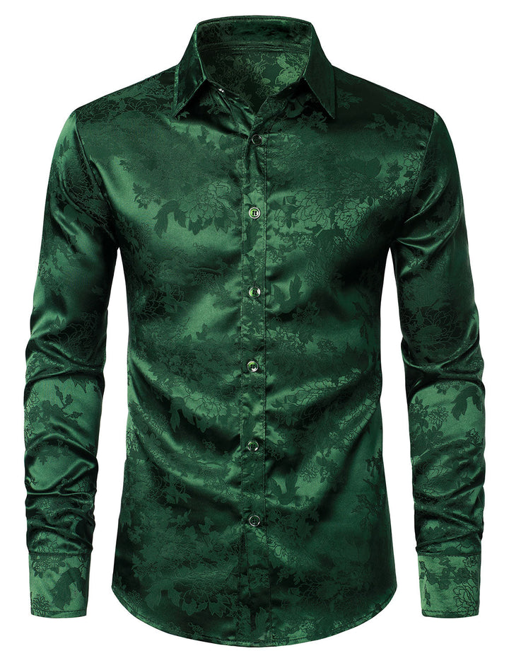 Chemise boutonnée à manches longues en satin brillant et jacquard floral pour homme