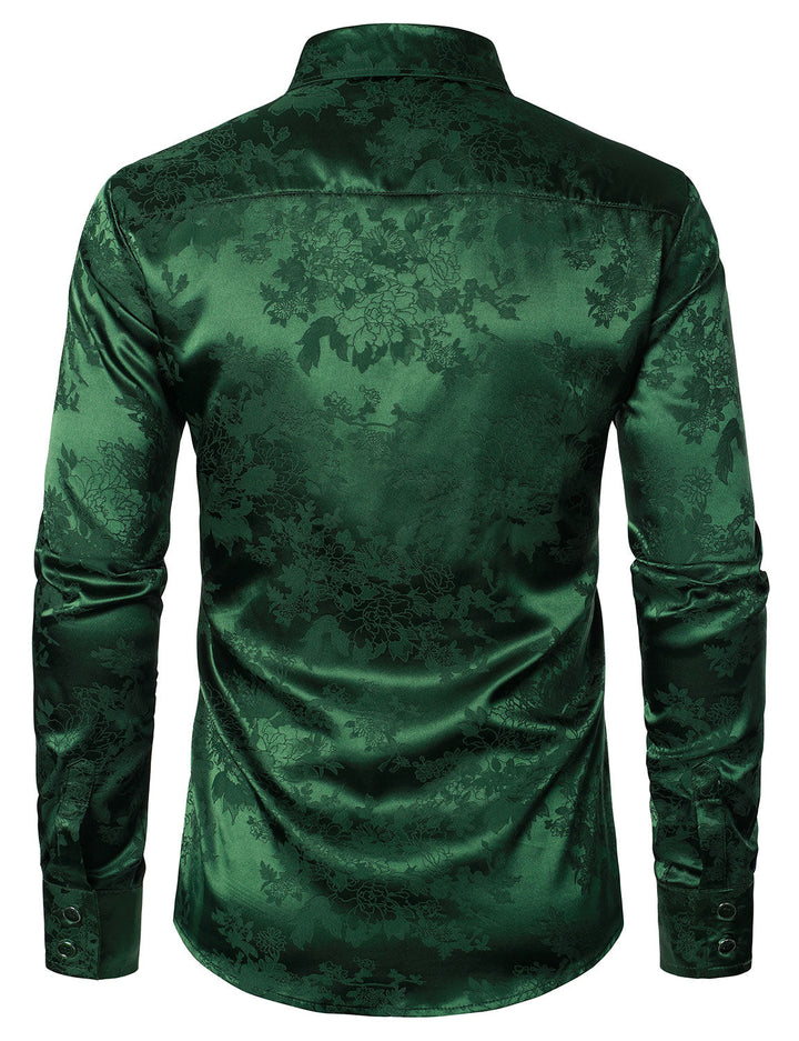 Chemise boutonnée à manches longues en satin brillant et jacquard floral pour homme