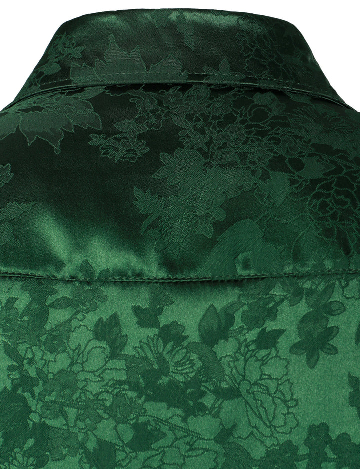 Chemise boutonnée à manches longues en satin brillant et jacquard floral pour homme