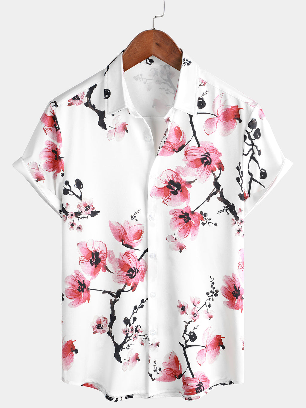 Chemise d'été à manches courtes avec imprimé floral rose pour homme