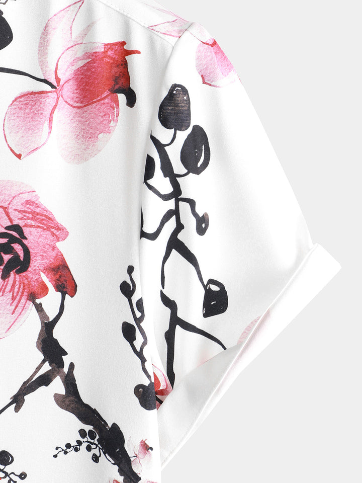Chemise décontractée à manches courtes à fleurs de cerisier à imprimé floral rose pour hommes