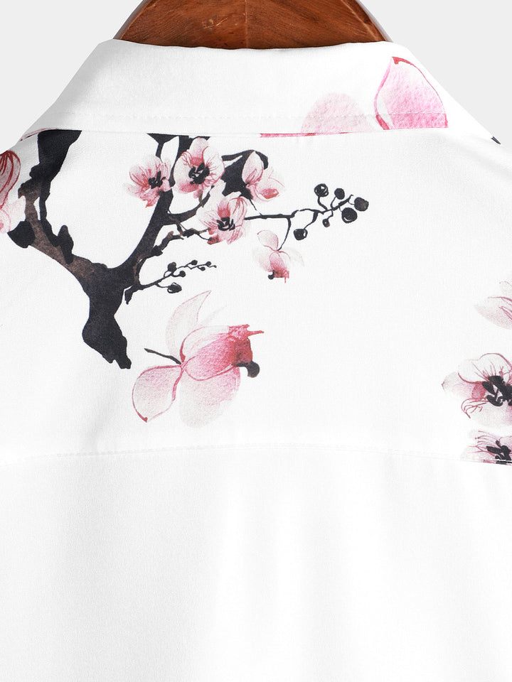 Chemise décontractée à manches courtes à fleurs de cerisier à imprimé floral rose pour hommes