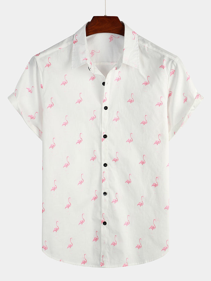 Chemise boutonnée à manches courtes à imprimé flamant rose pour homme