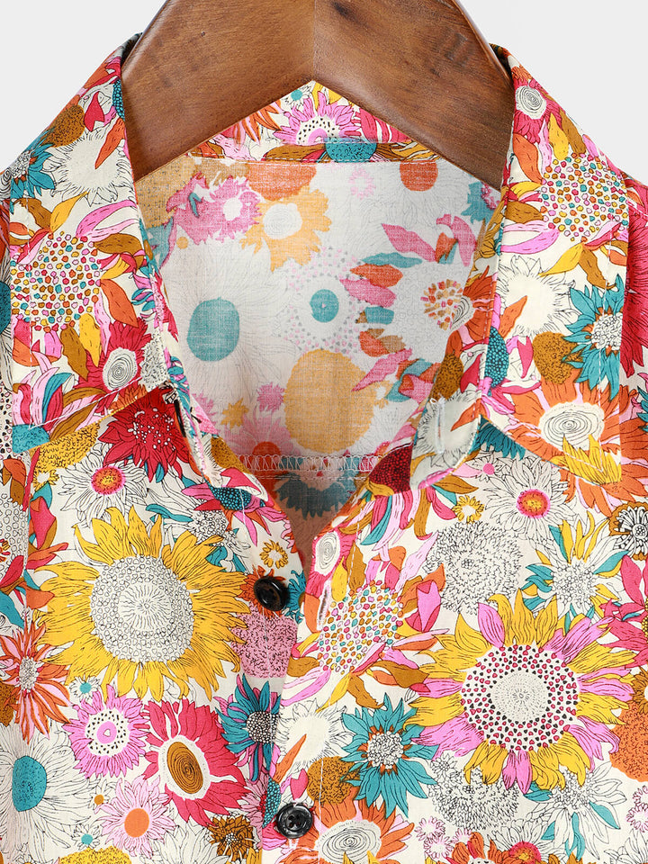Chemise hawaïenne à manches courtes en coton à fleurs fraîches pour hommes