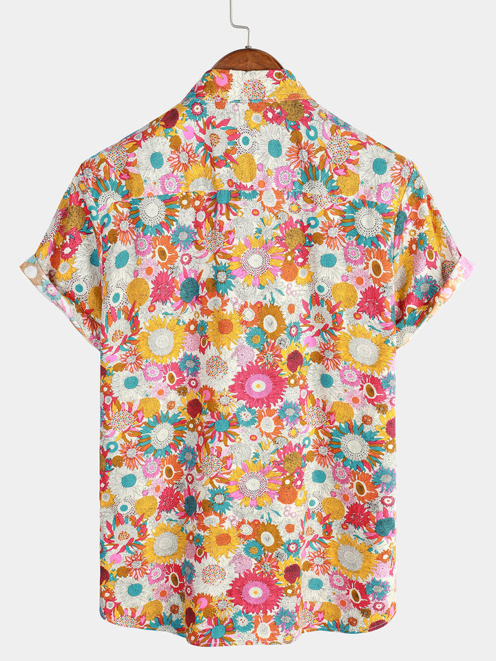 Chemise hawaïenne à manches courtes en coton à fleurs fraîches pour hommes