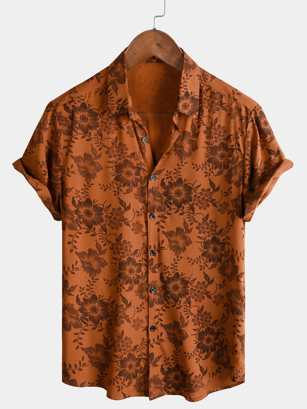 Chemise pour Homme à Manches Courtes avec Boutons, Imprimé Floral Marron Vintage, Respirante pour les Vacances