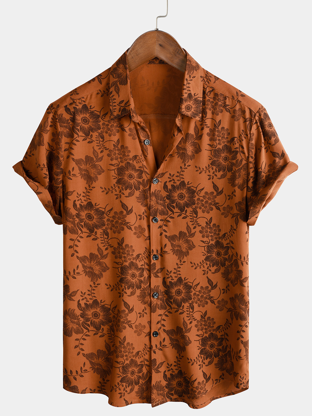 Chemise pour Homme à Manches Courtes avec Boutons, Imprimé Floral Marron Vintage, Respirante pour les Vacances