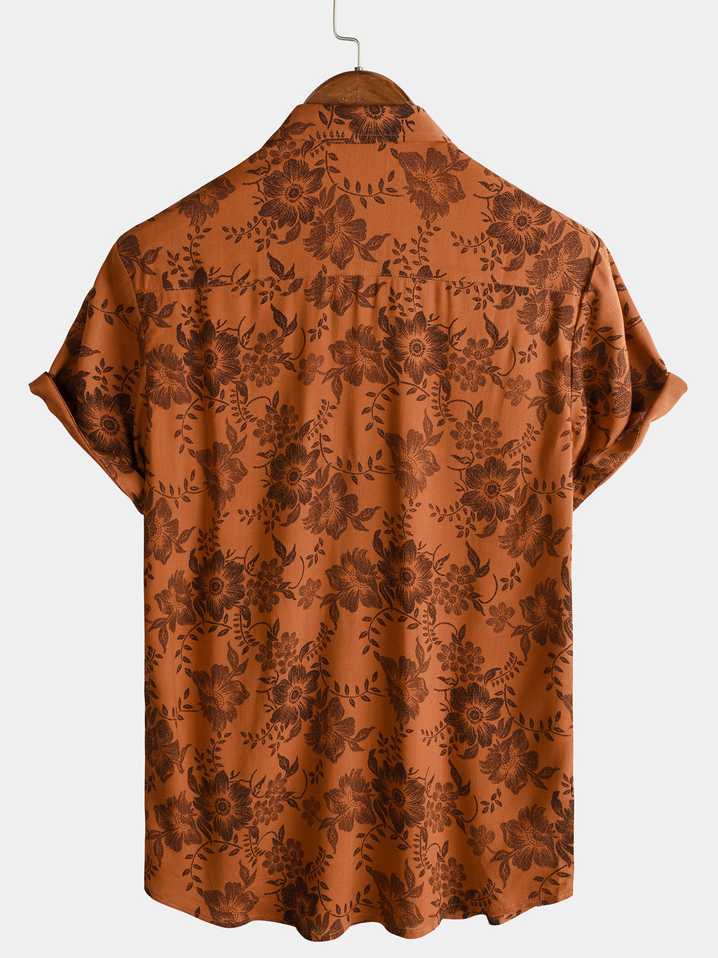 Chemise d'Homme Vintage d'Été à Fleurs Marron avec Boutons et Manches Courtes Respirante