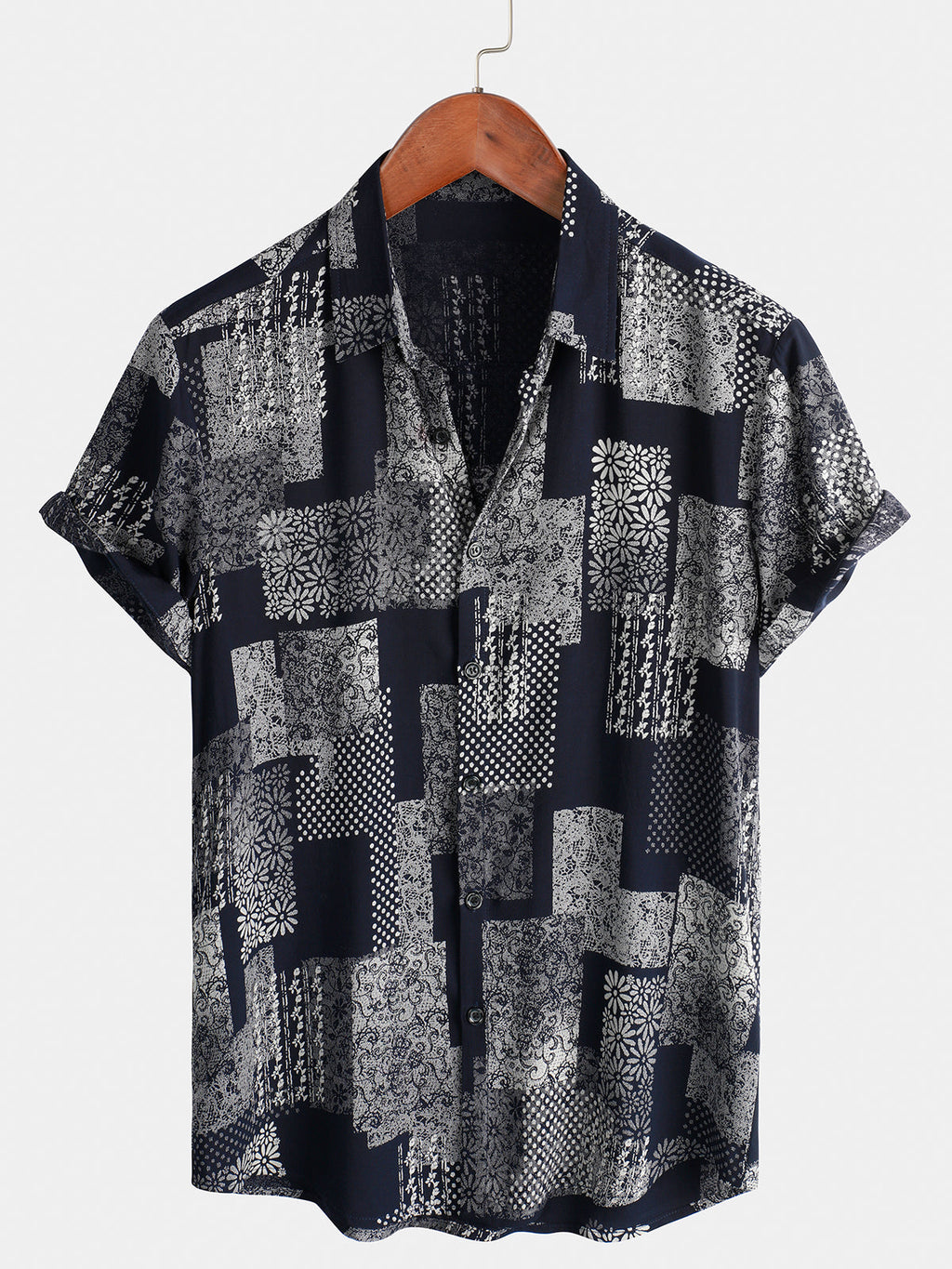 Chemise Homme à Manches Courtes avec Boutons, Imprimé de Patches, Floral, Vintage, Rétro, pour les Vacances