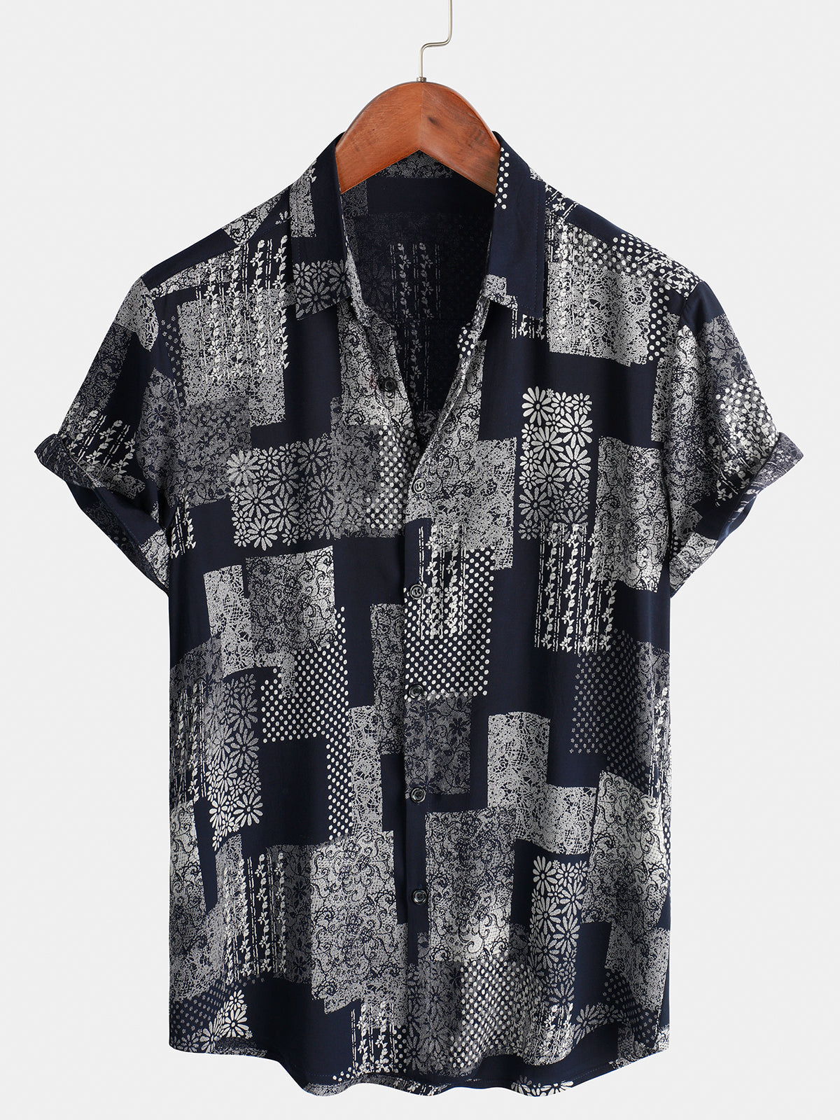 Chemise Homme à Manches Courtes avec Boutons, Imprimé de Patches, Floral, Vintage, Rétro, pour les Vacances