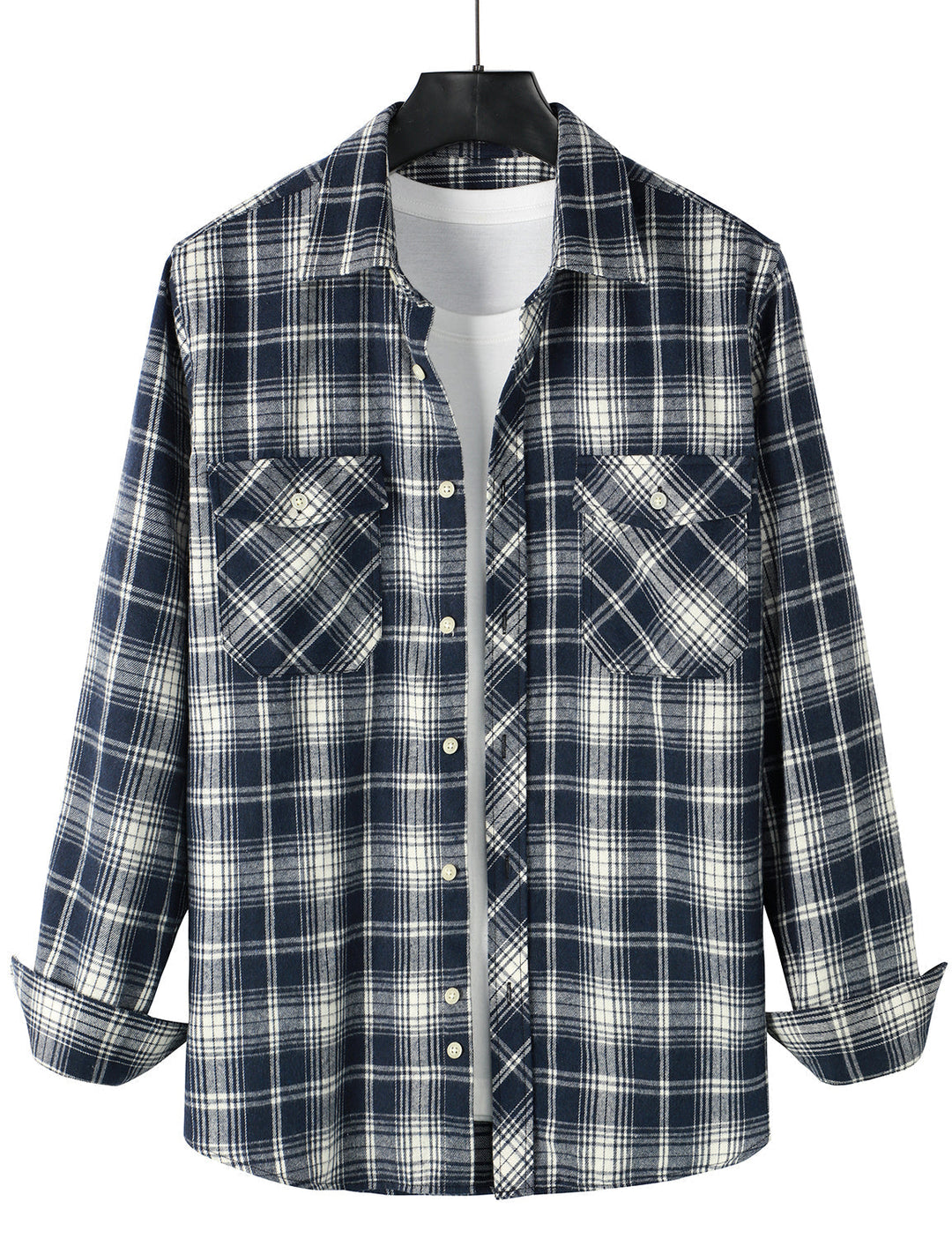 Chemise décontractée à carreaux en flanelle à double poche pour hommes