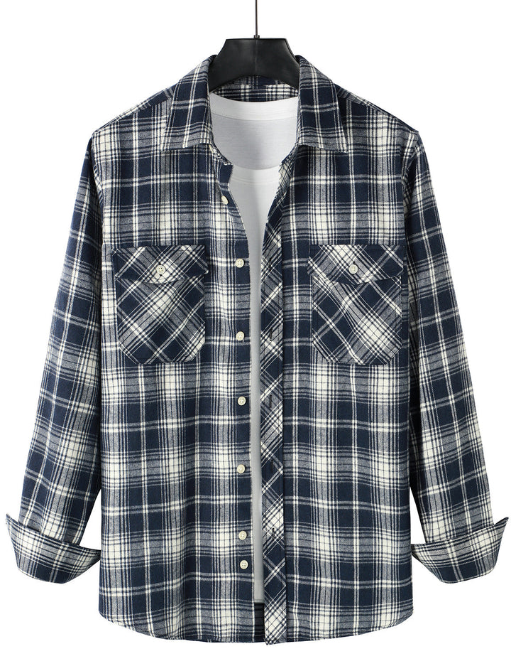 Chemise décontractée à carreaux en flanelle à double poche pour hommes