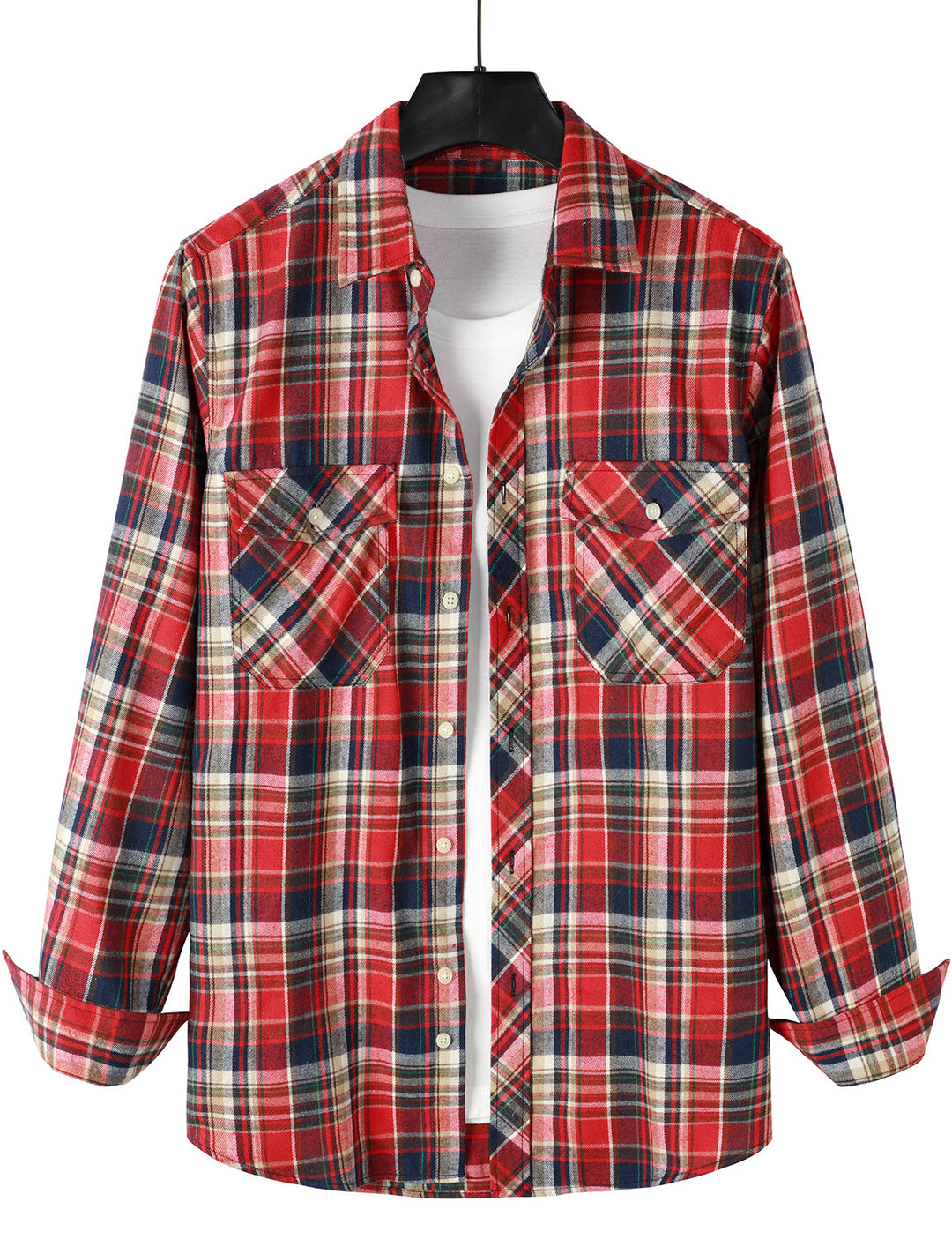 Chemise décontractée à carreaux en flanelle à double poche pour hommes