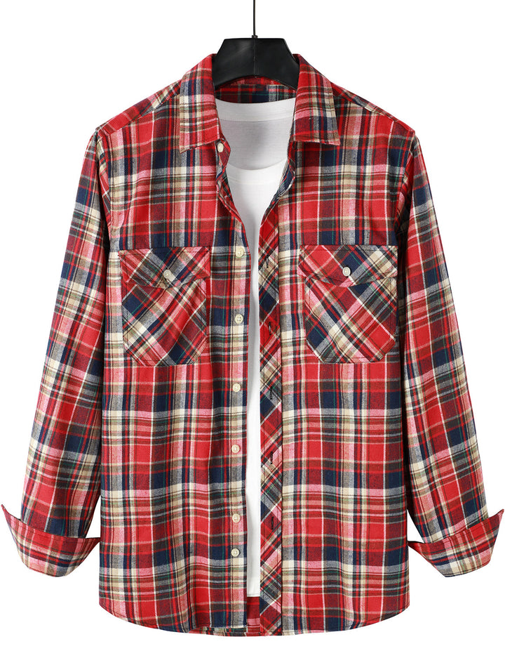 Chemise décontractée à carreaux en flanelle à double poche pour hommes