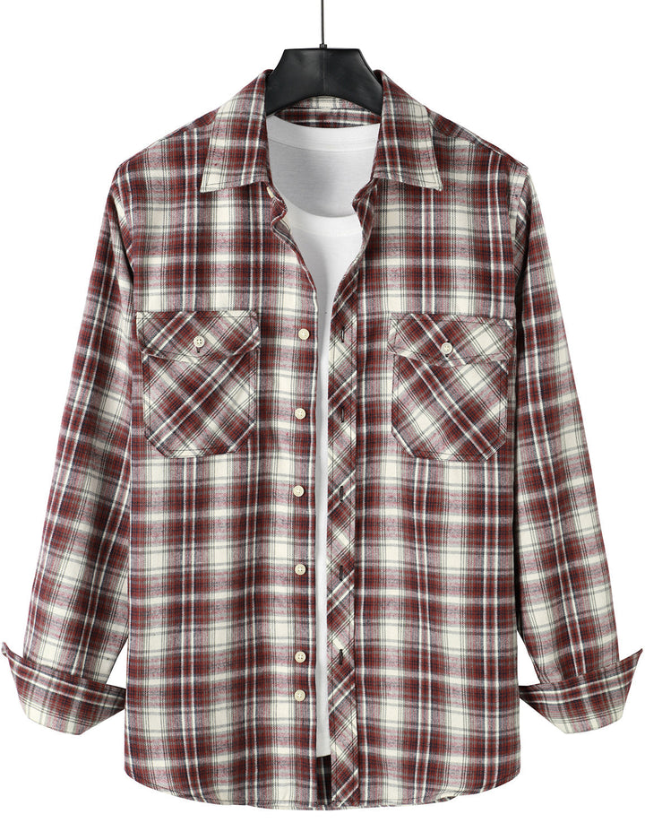 Chemise décontractée à carreaux en flanelle à double poche pour hommes