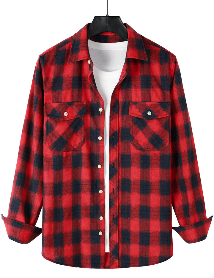 Chemise décontractée à carreaux en flanelle à double poche pour hommes