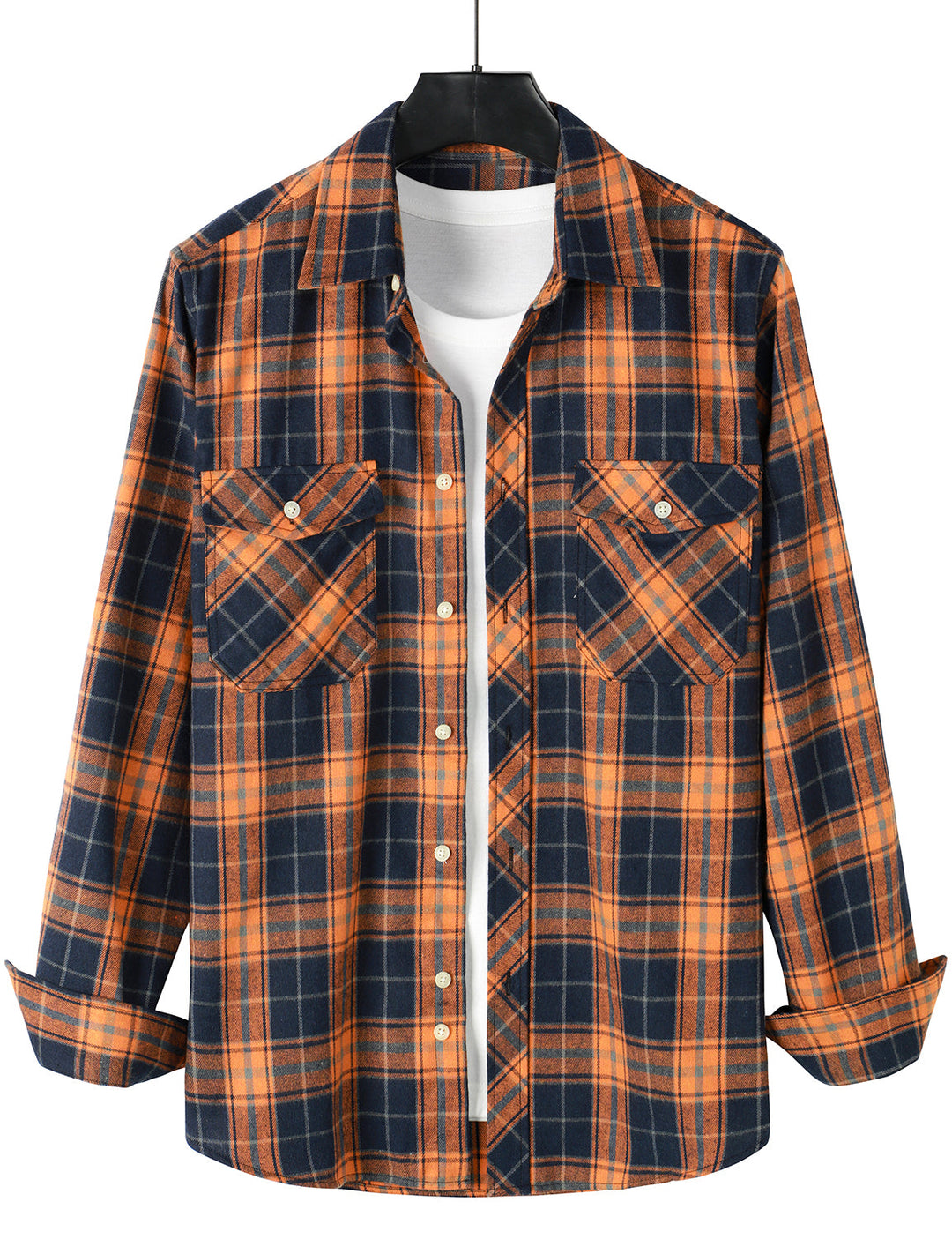 Chemise décontractée à carreaux en flanelle à double poche pour hommes