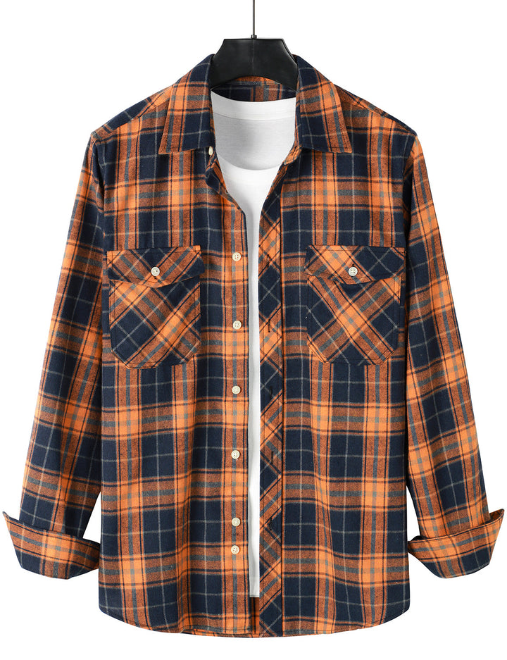 Chemise décontractée à carreaux en flanelle à double poche pour hommes