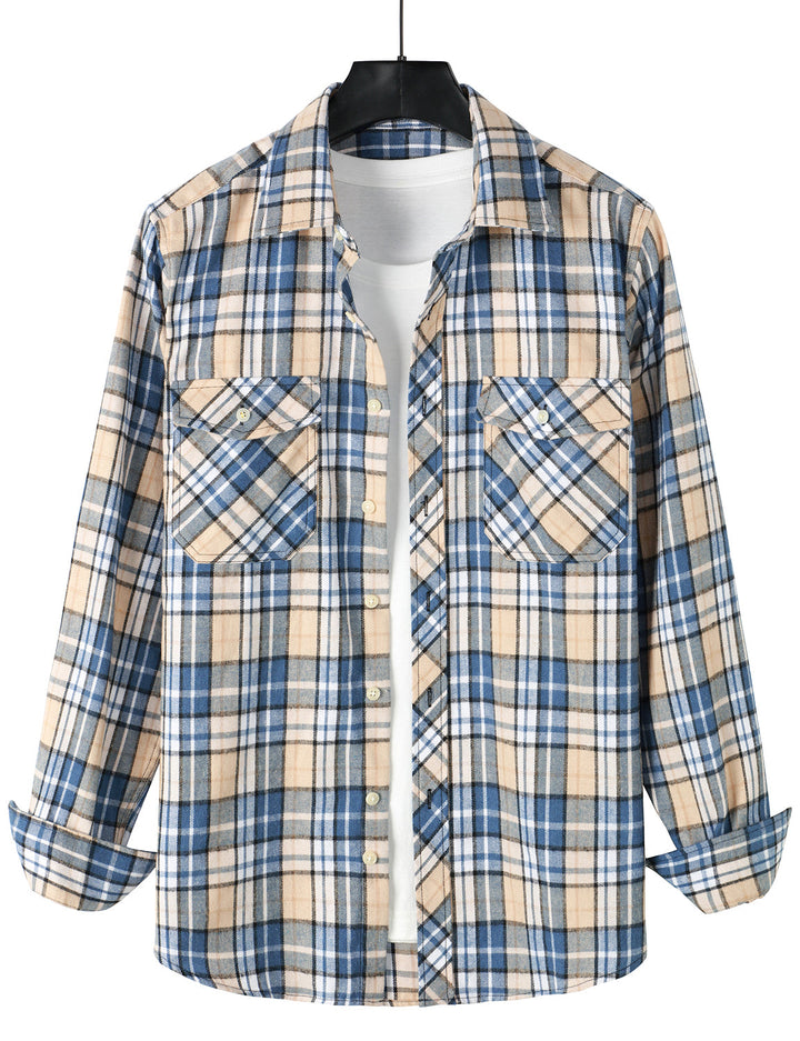 Chemise à carreaux à double poche boutonnée à carreaux pour hommes à manches longues automne hiver