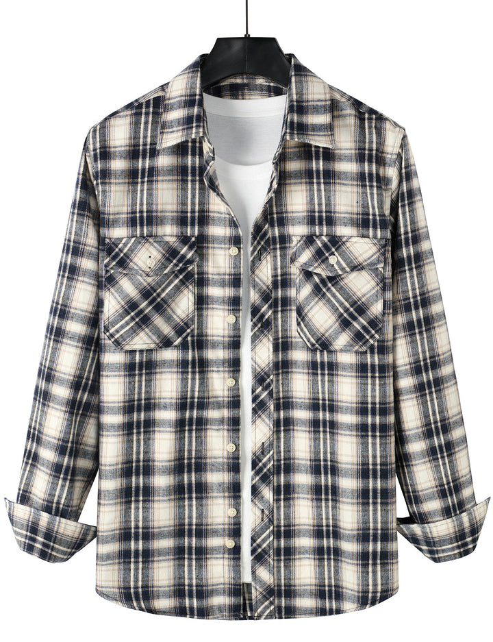 Chemise décontractée à carreaux en flanelle à double poche pour hommes