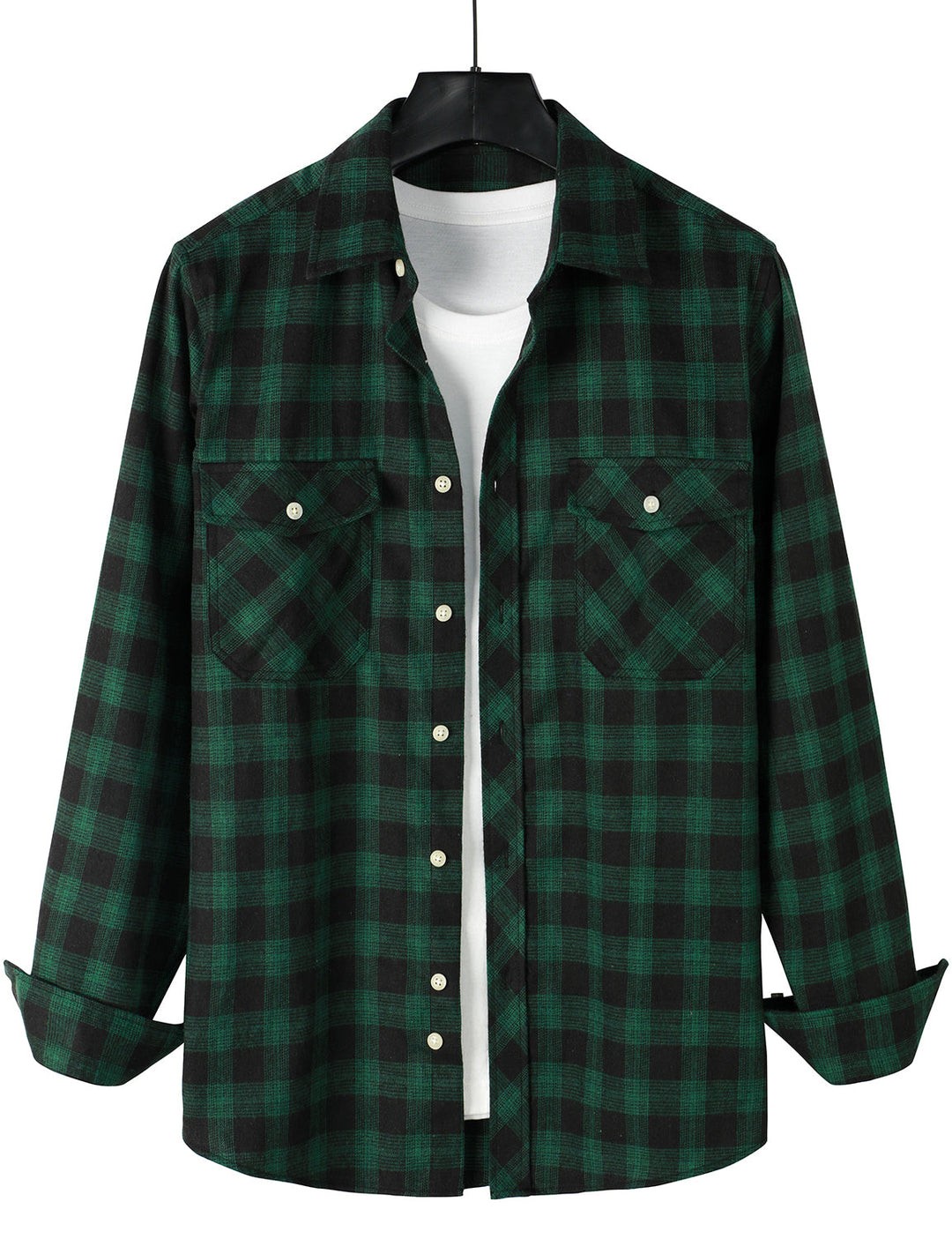 Chemise décontractée à carreaux en flanelle à double poche pour hommes