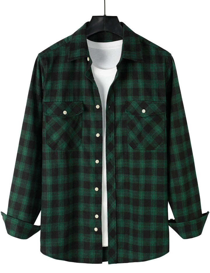 Chemise décontractée à carreaux en flanelle à double poche pour hommes