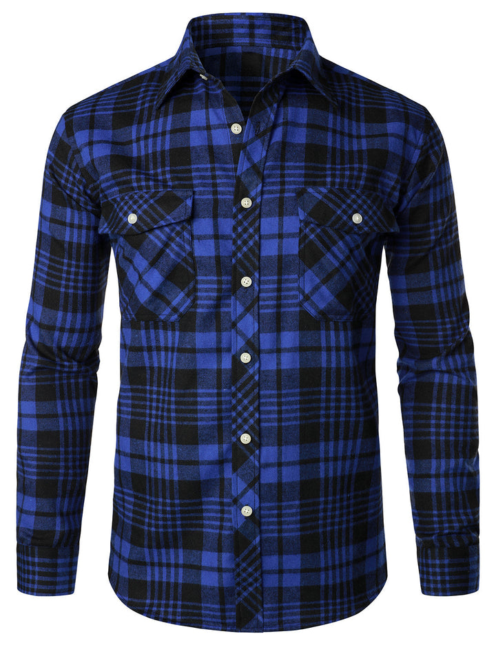 Chemise décontractée à carreaux en flanelle à double poche pour hommes