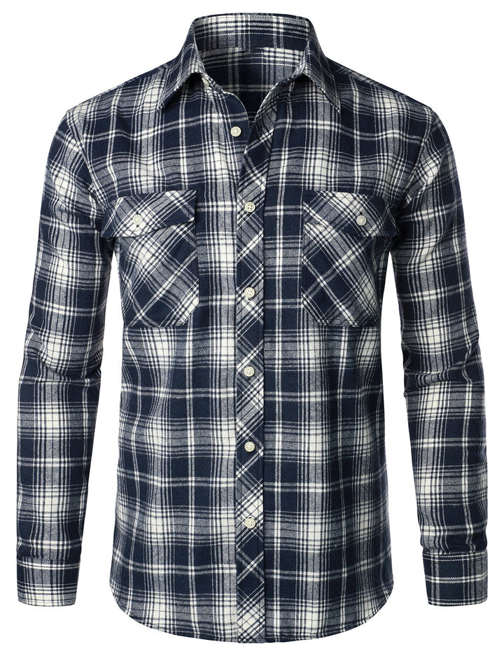Chemise décontractée à carreaux en flanelle à double poche pour hommes