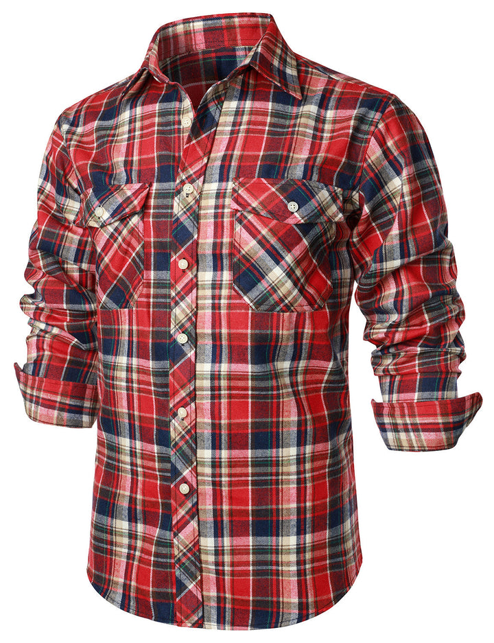 Chemise décontractée à carreaux en flanelle à double poche pour hommes