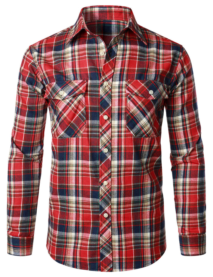 Chemise décontractée à carreaux en flanelle à double poche pour hommes