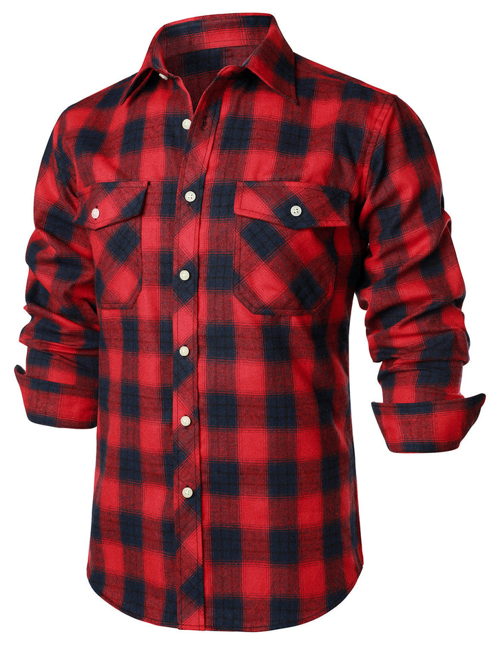 Chemise décontractée à carreaux en flanelle à double poche pour hommes