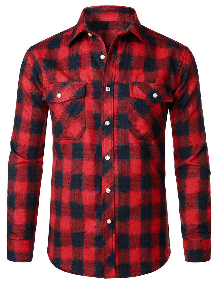Chemise décontractée à carreaux en flanelle à double poche pour hommes