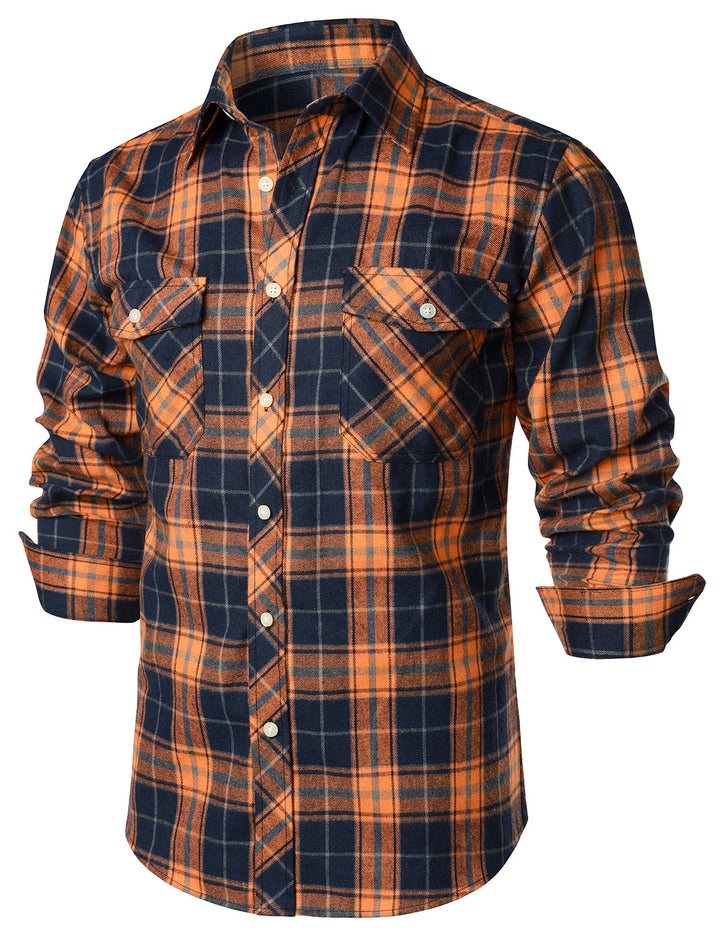 Chemise décontractée à carreaux en flanelle à double poche pour hommes
