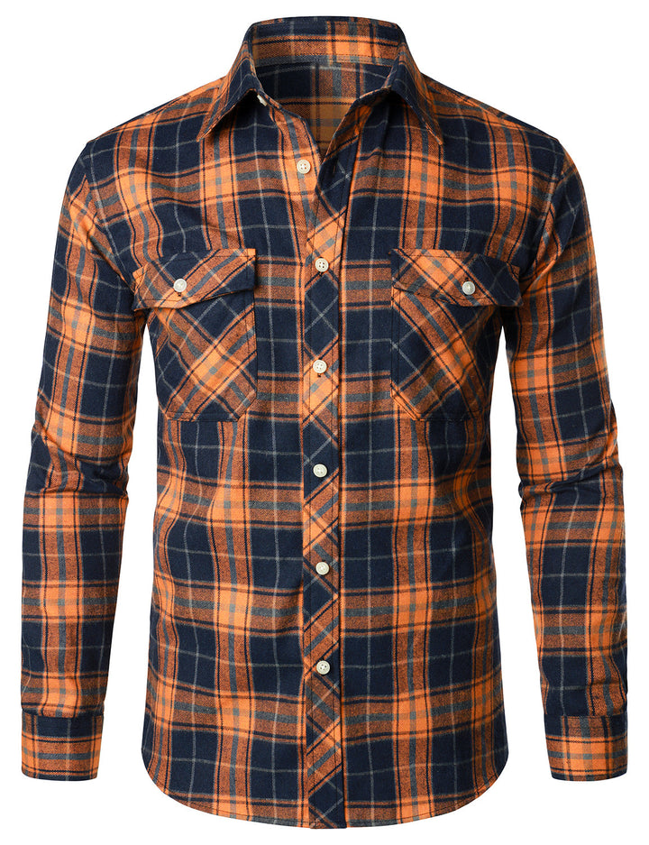 Chemise décontractée à carreaux en flanelle à double poche pour hommes