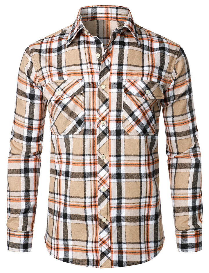 Chemise à carreaux à double poche boutonnée à carreaux pour hommes à manches longues automne hiver