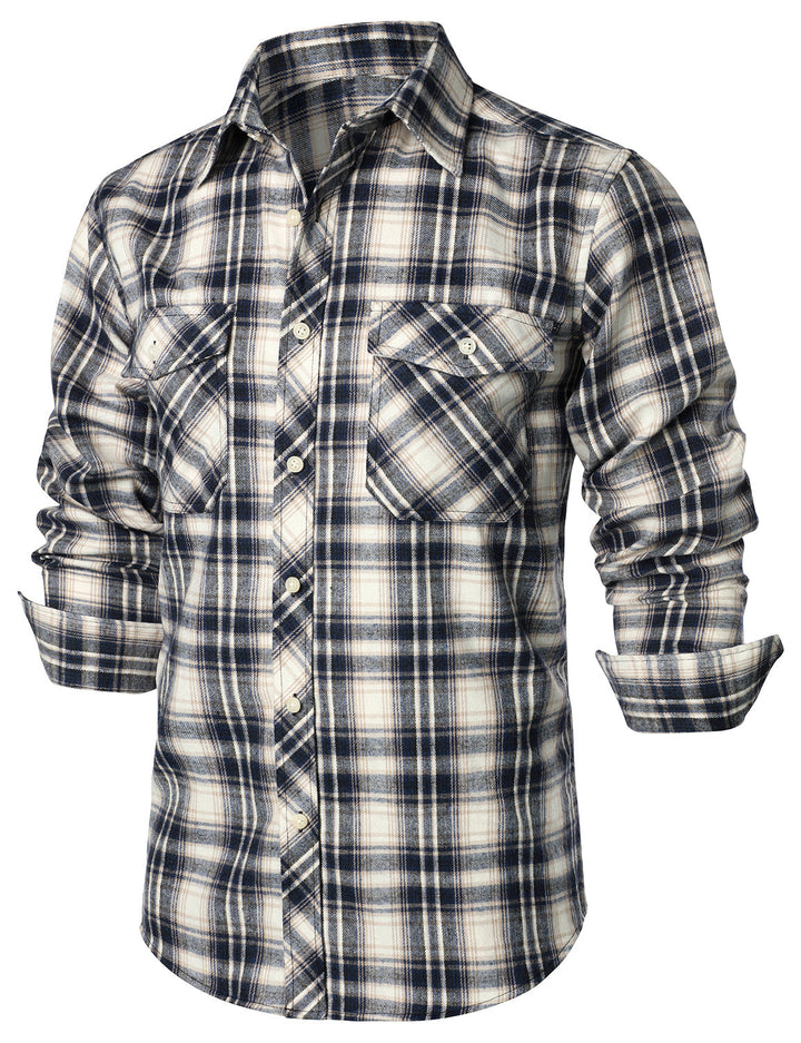 Chemise décontractée à carreaux en flanelle à double poche pour hommes