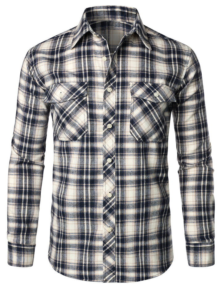 Chemise décontractée à carreaux en flanelle à double poche pour hommes