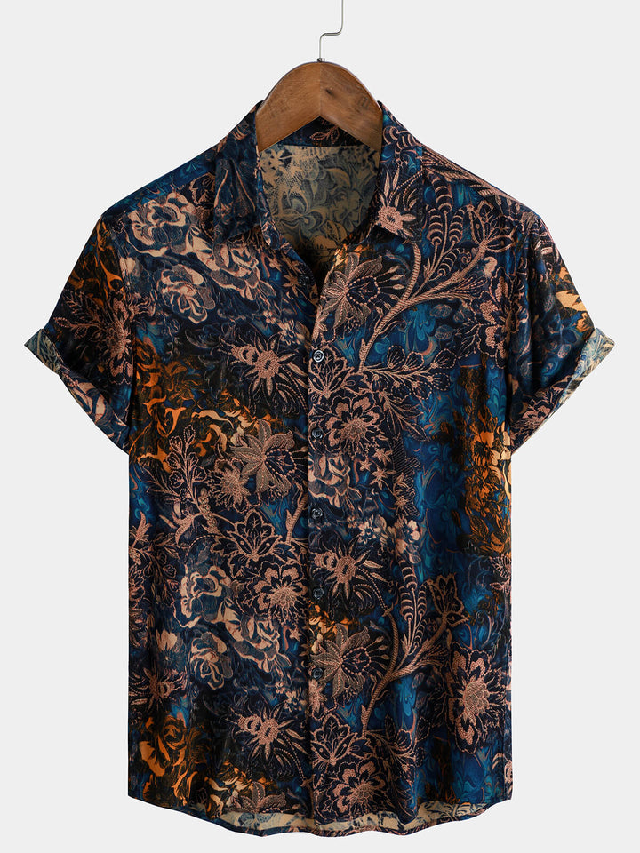 Chemise de villégiature à manches courtes pour homme, motif floral rétro