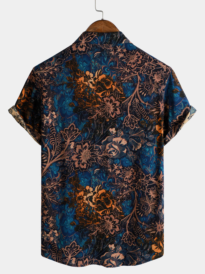 Chemise de villégiature à manches courtes pour homme, motif floral rétro