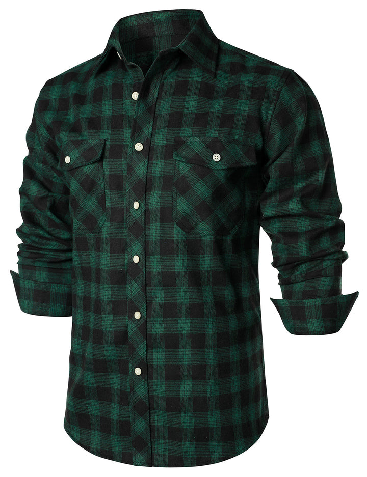 Chemise décontractée à carreaux en flanelle à double poche pour hommes
