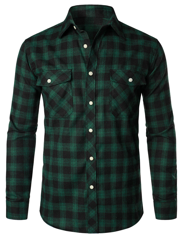 Chemise décontractée à carreaux en flanelle à double poche pour hommes