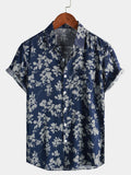 Chemise pour Homme à Manches Courtes avec Boutons et Imprimé Floral Vintage en Bleu Marine