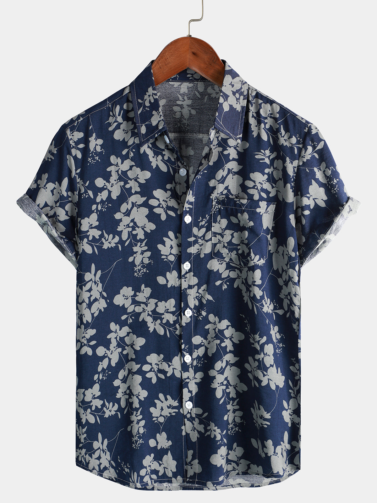 Chemise pour Homme à Manches Courtes avec Boutons et Imprimé Floral Vintage en Bleu Marine