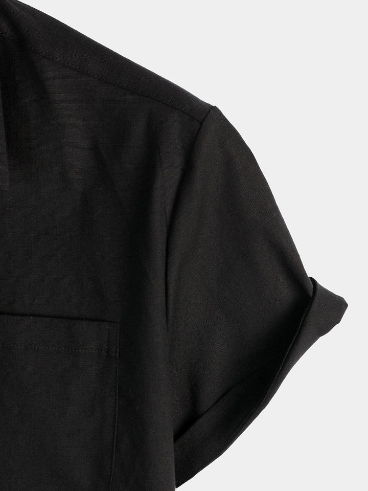 Chemise à manches courtes en coton et lin de couleur unie pour hommes