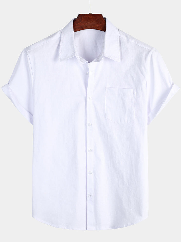 Chemise à manches courtes en coton et lin de couleur unie pour hommes
