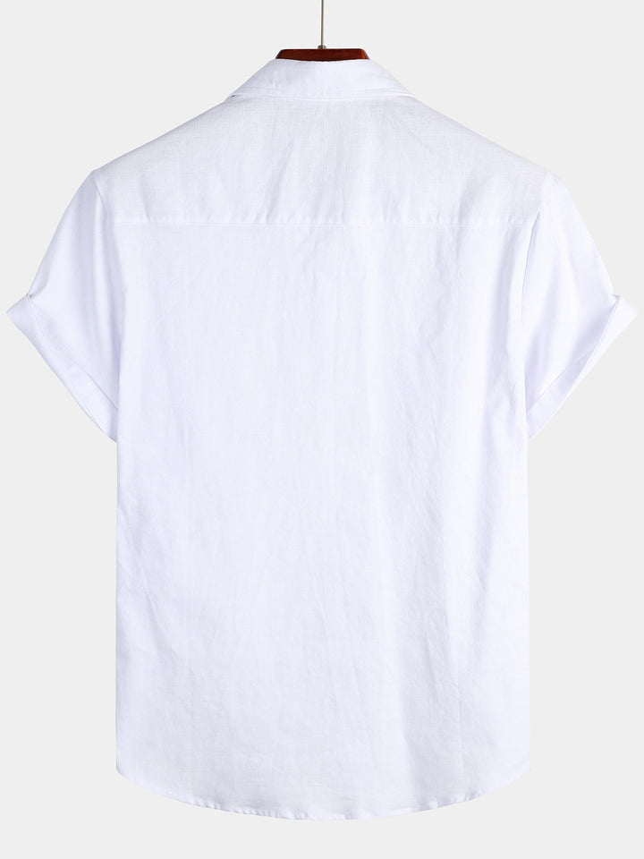 Chemise à manches courtes en coton et lin de couleur unie pour hommes