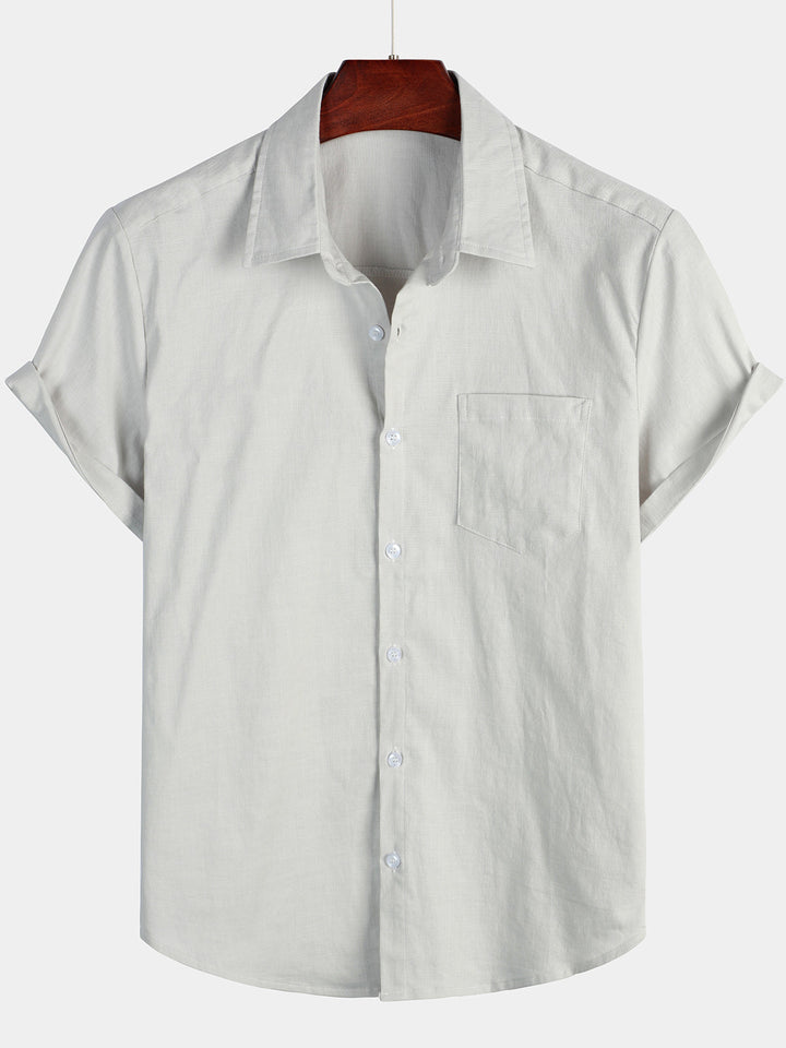 Chemise à manches courtes en coton et lin de couleur unie pour hommes