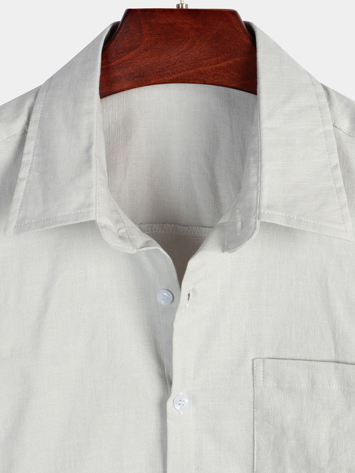 Chemise à manches courtes en coton et lin de couleur unie pour hommes
